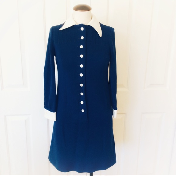 Vintage Dresses & Skirts - Vintage 1960s Domani Knits Navy Blue White Dress